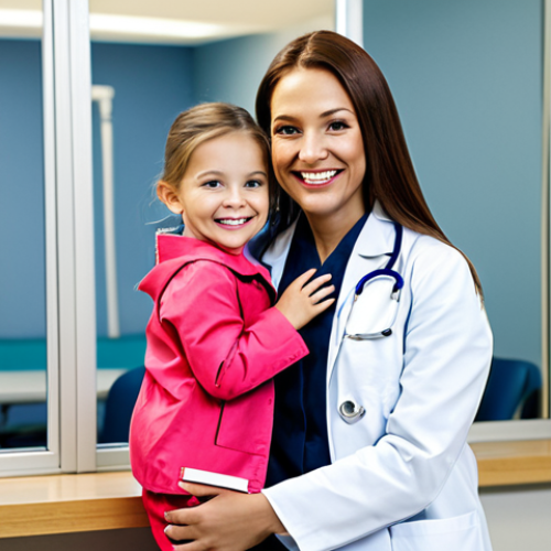 Home 11 **
"A professional female doctor, fully clothed in a modest lab coat, smiling warmly at a young patient in a hospital waiting room, appropriate attire, safe for work, perfect anatomy, natural proportions, family-friendly, bright lighting, high quality."
**