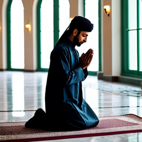 Home 6 Spiritual Reflection**
A serene scene depicting a Muslim individual, fully clothed in modest attire, kneeling in prayer during Ramadan. Soft, ambient lighting with a focus on inner peace and devotion. Background should show a simple, clean mosque interior. Safe for work, appropriate content, family-friendly, professional photography, perfect anatomy, correct proportions, natural pose.
**