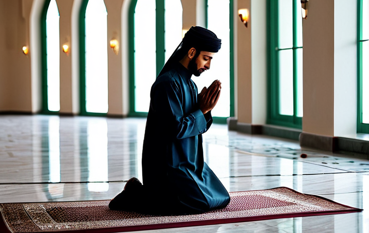 Spiritual Reflection**

A serene scene depicting a Muslim individual, fully clothed in modest attire, kneeling in prayer during Ramadan. Soft, ambient lighting with a focus on inner peace and devotion. Background should show a simple, clean mosque interior. Safe for work, appropriate content, family-friendly, professional photography, perfect anatomy, correct proportions, natural pose.

**