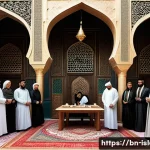 이슬람 정치사상 - A detailed and vibrant scene depicting a traditional Islamic political gathering in a historic Middl...