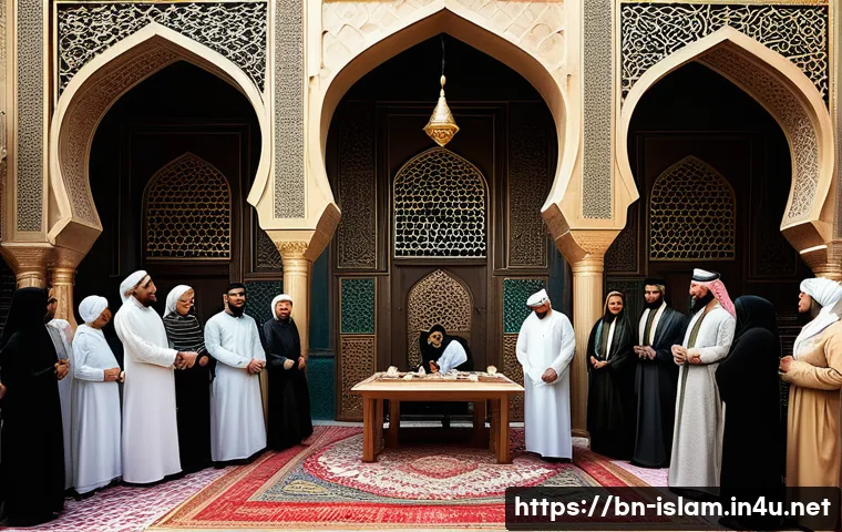 이슬람 정치사상 - A detailed and vibrant scene depicting a traditional Islamic political gathering in a historic Middl...