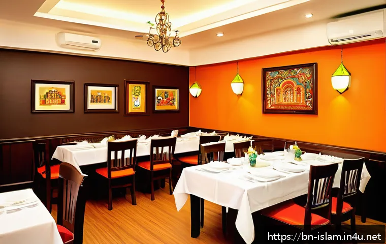무슬림 프렌들리 레스토랑 - A cozy and immaculate Bangladeshi restaurant interior designed for Bengali families, featuring neatl...