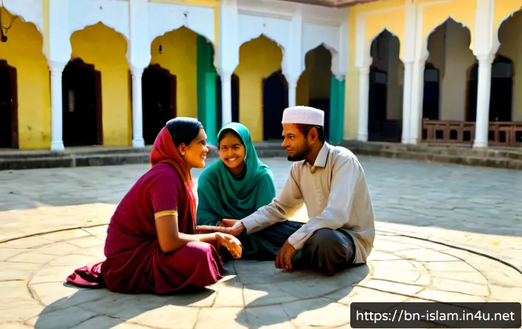Home 17 이슬람 포교 운동 다와 - Photorealistic community outreach scene in a Bangladeshi neighborhood courtyard, a modest Muslim vol...