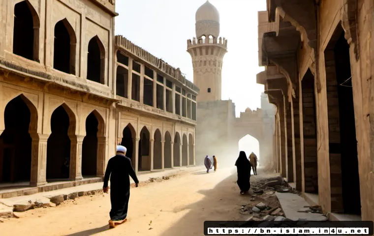 이슬람과 중동분쟁 - Photorealistic wide-angle scene of a historic Middle Eastern city at dawn, an ornate mosque dome and...
